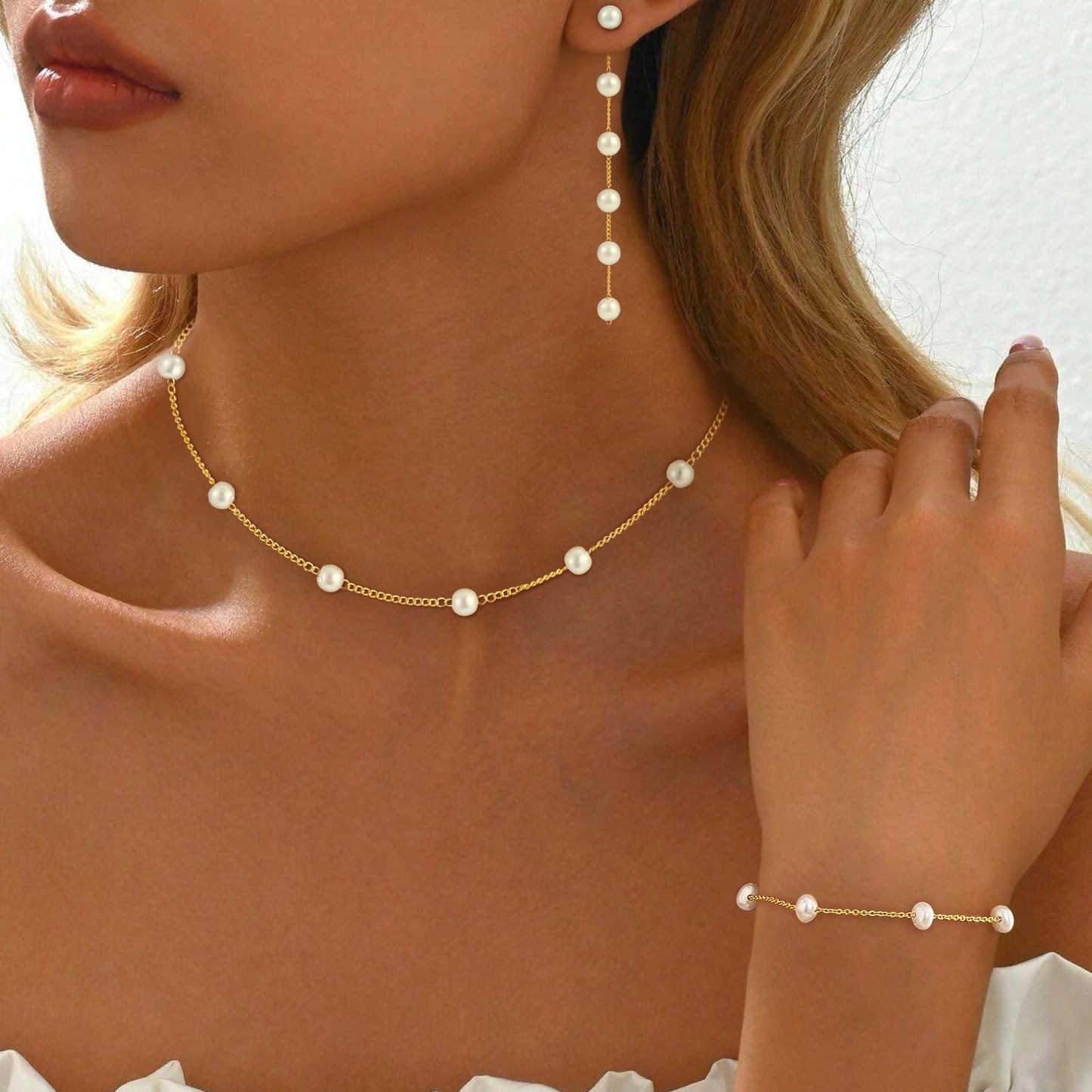 Fezodo Gold Jewelry Set for Women, Dainty 18K Gold Pearl Necklace and Earring Set With Pearl Earrings Bracelet Wedding Jewelry Sets for Bride, Bridal Prom Pearls Jewelry