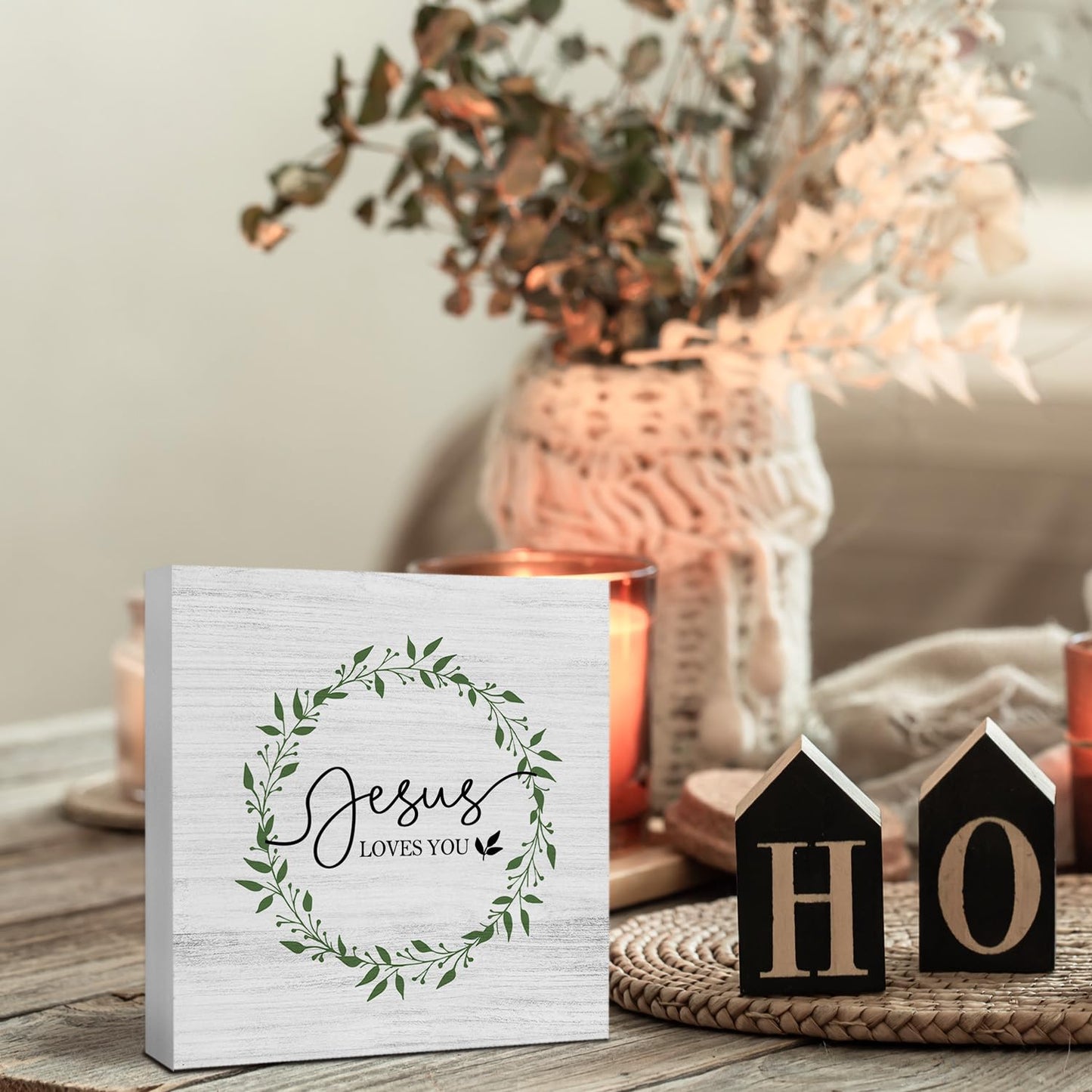 JUIOEIU Christian Desk Decor, Jesus Loves You Bible Verse Wooden Box Sign, Christian Gifts for Women Men, Religious Wood Block Box for Home Bedroom Office Church Desk Shelf Table Decor, 5x5 Inch