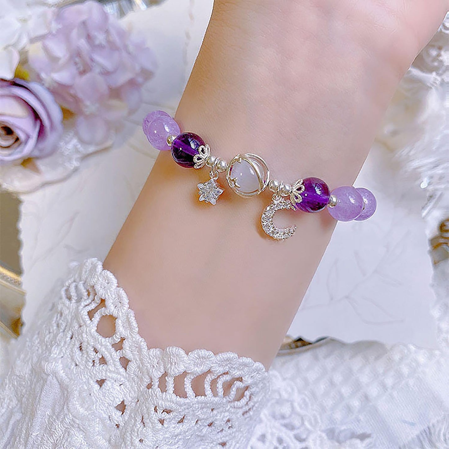 Aktully Crystal Healing Bracelets for Women Stars Moon Planet Bracelet Amethyst Healing Beaded Bracelets Lucky Energy Chakra Beads Bracelet for Women (Purple)