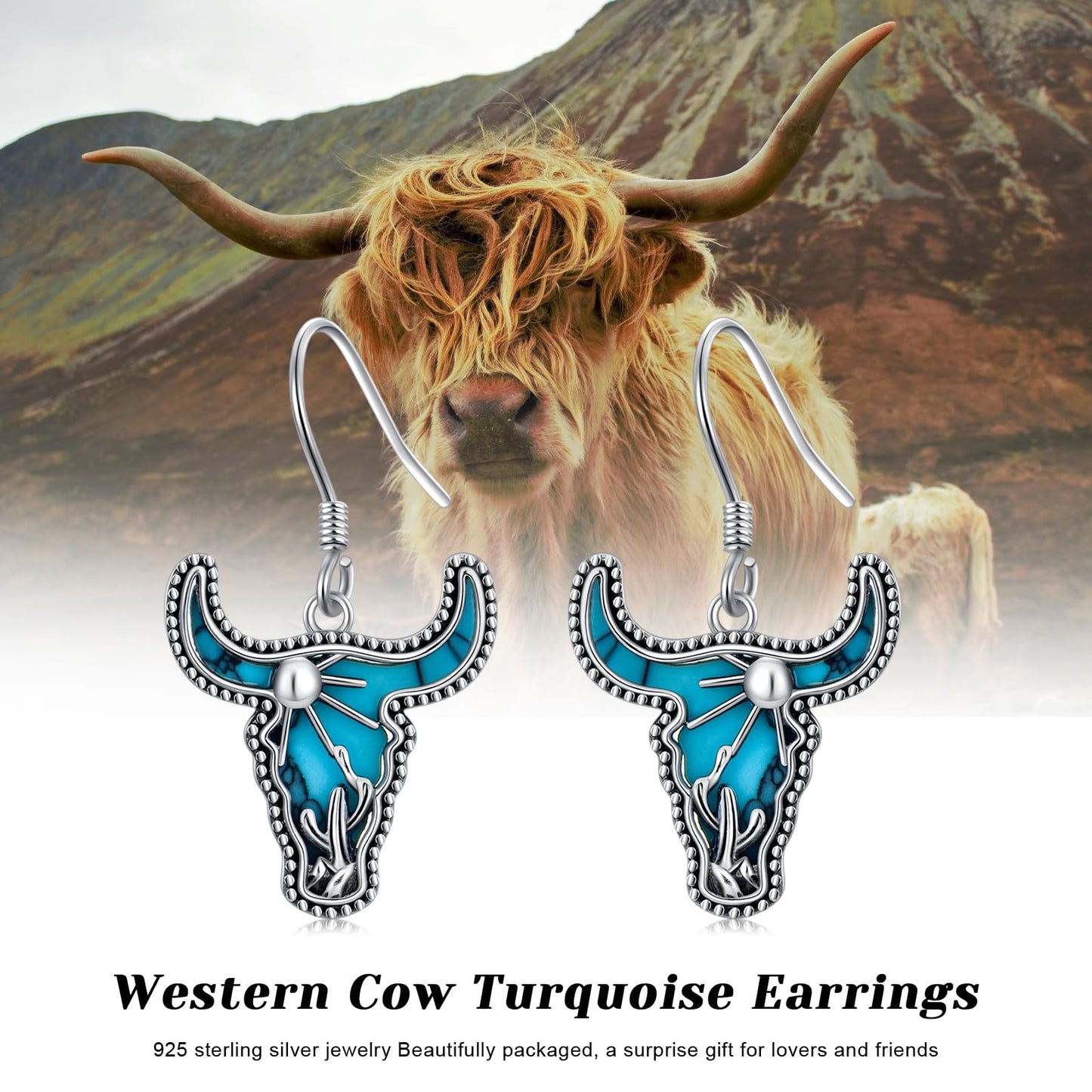 KoyeKei Western Cow Skull Earrings for Cowgirl Cowboy 925 Sterling Silver Longhorn Cow Skull Cactus Turquoise Dangle Drop Earrings Country Jewelry Bohemian Gifts for Women