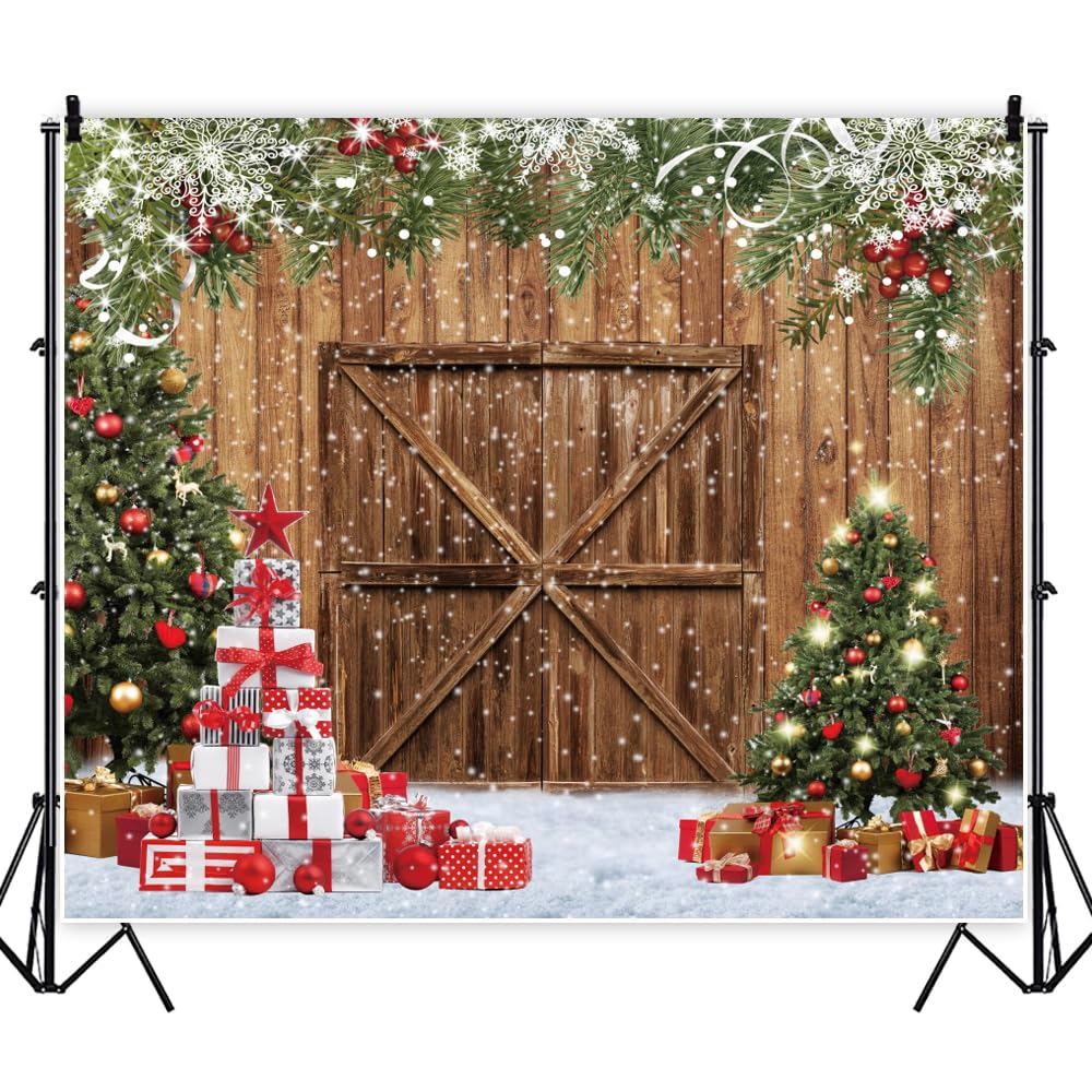 Merry Christmas Backdrop 10x10ft Xmas Tree Wood Barn Door Photography Backdrop Christmas Tree Wreath Gift Box Xmas Light Photoshoot Background New Year Xmas Party Decorations Backdrop Banner Supplies