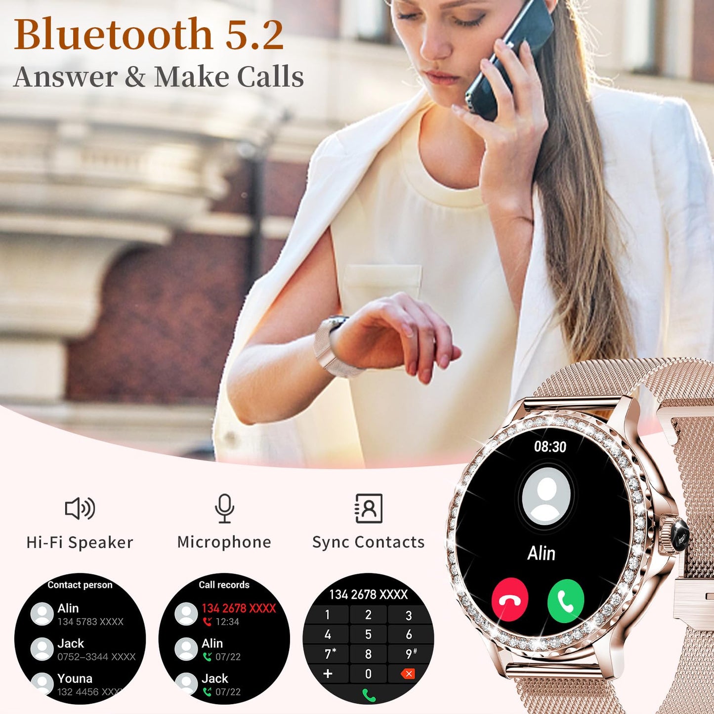 Smart Watches for Women (Answer/Make Call) with Diamonds, 1.3”HD Screen Bluetooth Smartwatch for Android iOS Phones, IP68 Waterproof Fitness Activity Trackers with Heart Rate/SpO2/BP/Sleep Monitor