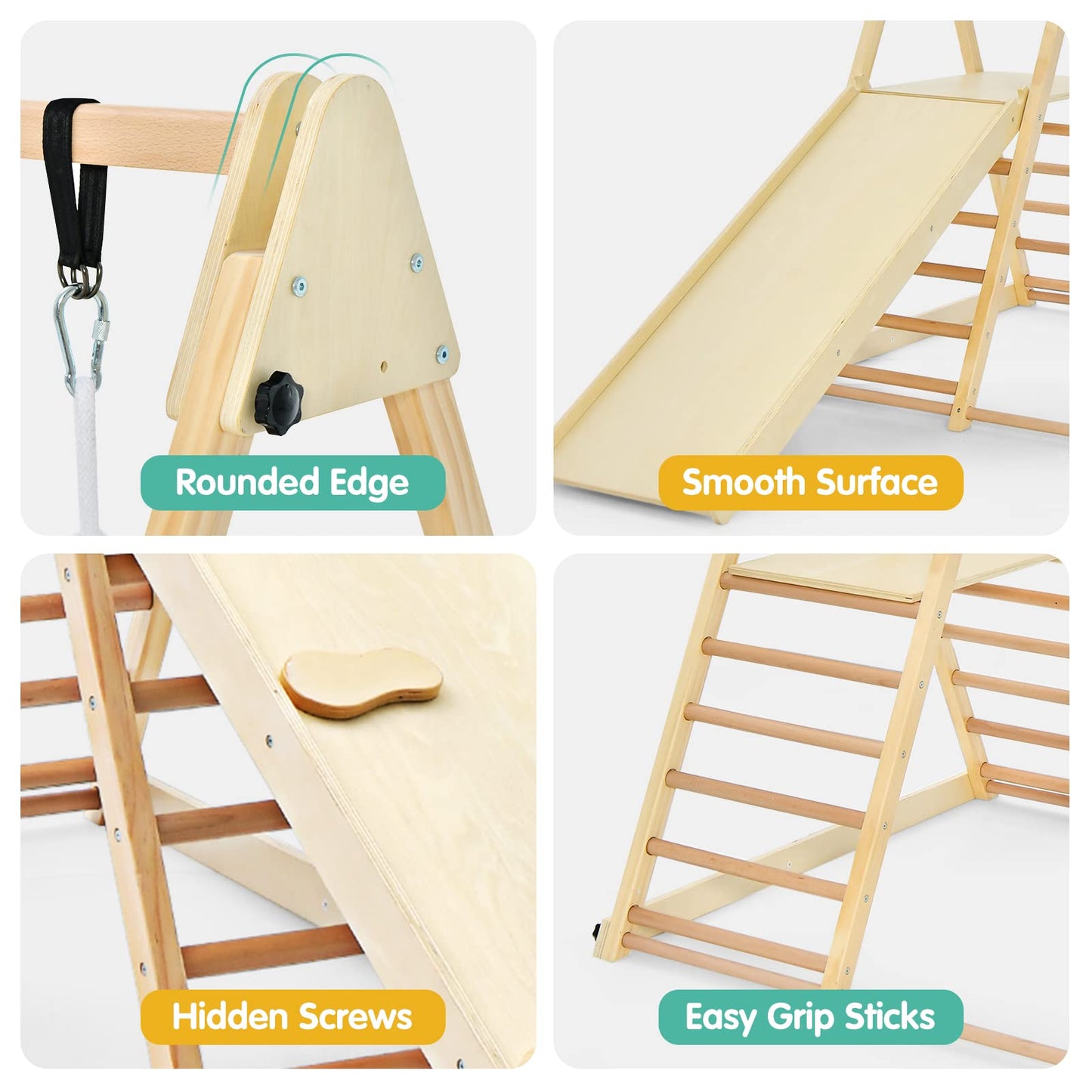 OLAKIDS Indoor Jungle Gym 4 in 1 Foldable Toddler Wooden Montessori Baby Climbing Toys with Swing Slide Ramp Ladder for Kids Playground Climb Activity Play Structure