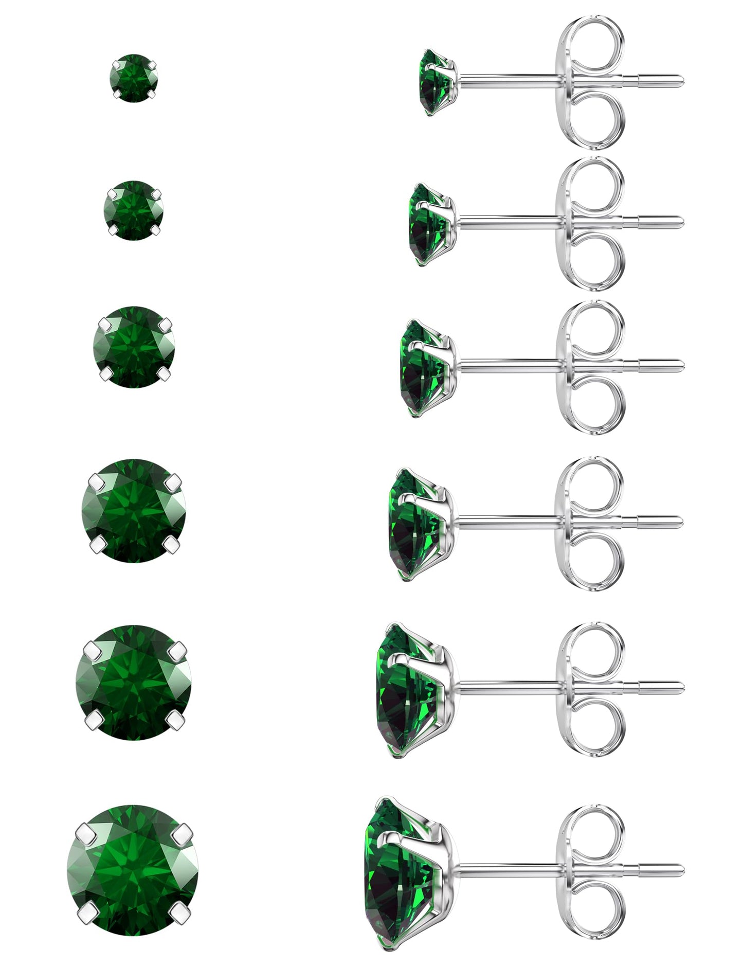 6 Pairs Stud Earrings Set Hypoallergenic Cubic Zirconia 316L Earrings Stainless Steel Earrings for Women (Green)