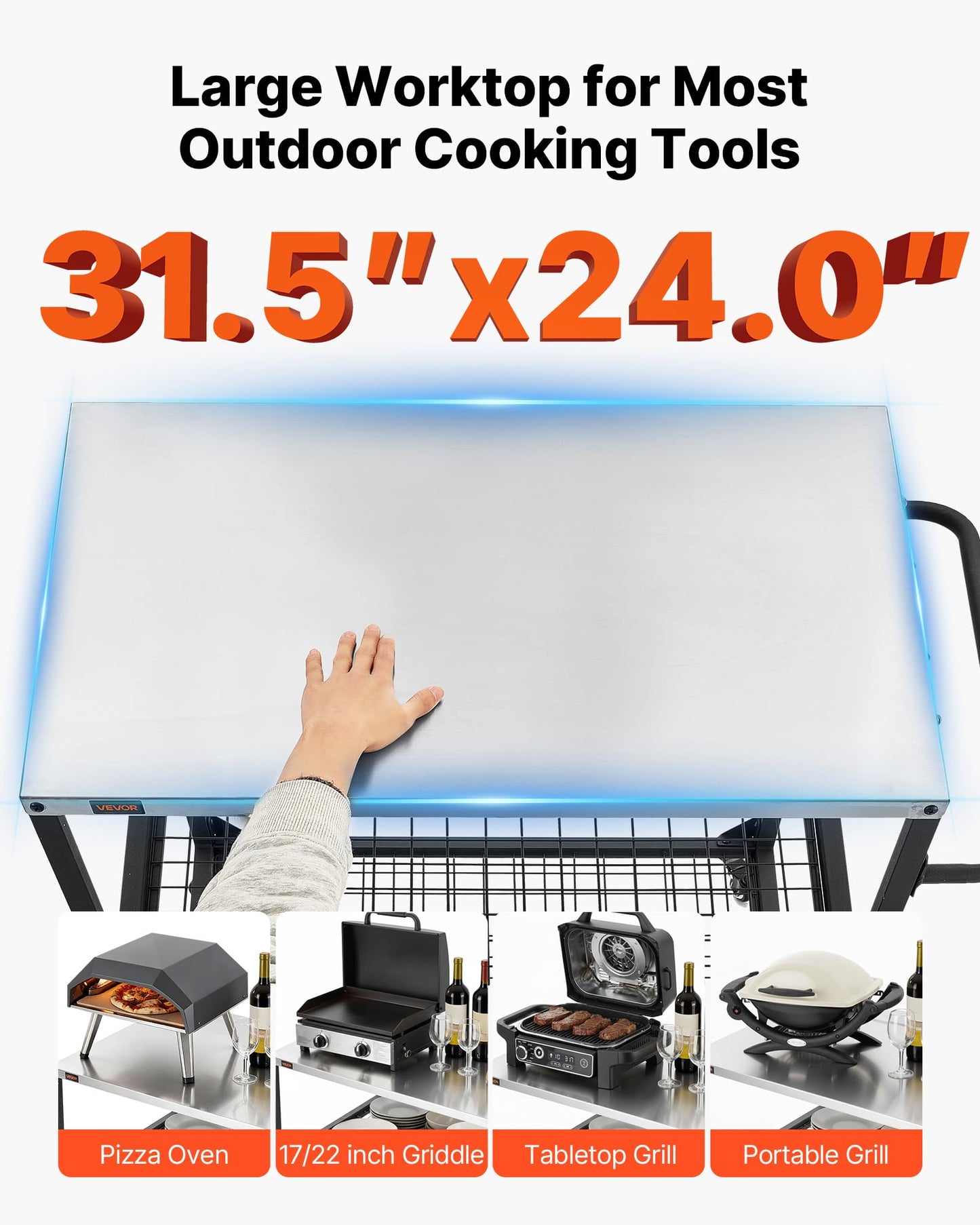 VEVOR Outdoor Grill Cart, 31.5 x 24.0 inch Stainless Steel Tabletop Size Grilling Table, Outdoor Cooking Table with 4 Wheels & Side Handle, Two Mesh Shelves, BBQ Prep Tables for Patio, Garden