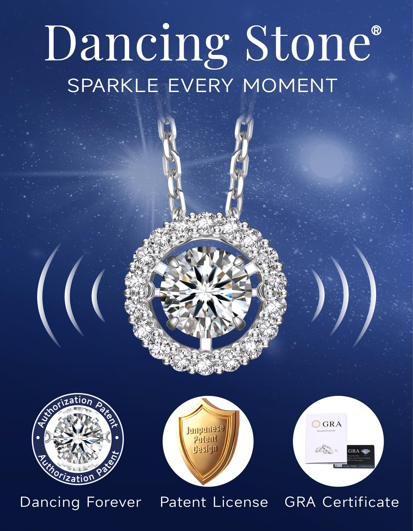 MomentWish Floating Necklace for Women, 0.5 Dancing Moissanite Necklace for Her, 925 Sterling Silver Pendant Anniversary Birthday Christmas Gift for Wife Mom Girlfriend-Halo