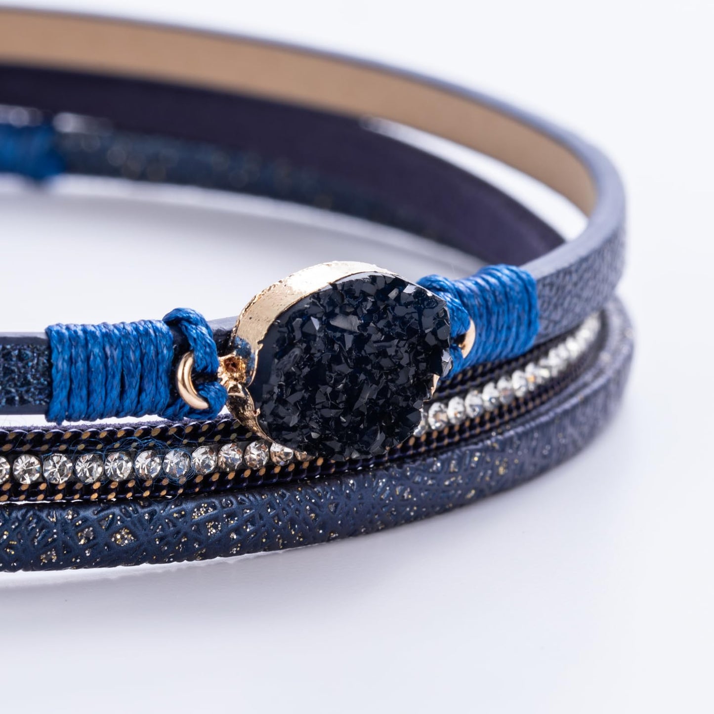 FANCY SHINY Boho Leather Wrap Bracelet Stackable Chunky Crystal Cuff Bracelets with Magnetic Clasp Cowboy Cowgirl Western Summer Beach Outfits Jewelry Gifts for Women (14.7", Navy Blue)