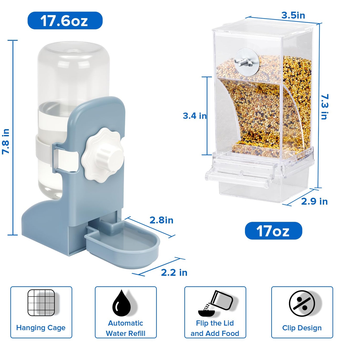 No Mess Bird Feeder Water Dispenser Set, Parakeet Cage Accessories, Bird Feeder and Waterers in Cage for Cockatiels, Finches, Lovebirds, Budgies, Canaries