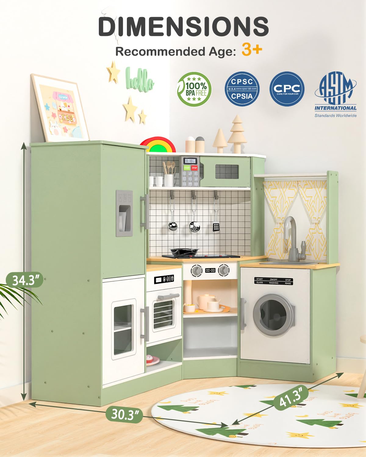 Babytronic Corner Wooden Play Kitchen Set for Kids w/Lights & Sounds, Pretend Play Kitchen Playset with Stove, Microwave, Ice Maker & Accessories, Perfect for Toddlers & Multiple Children (Green)