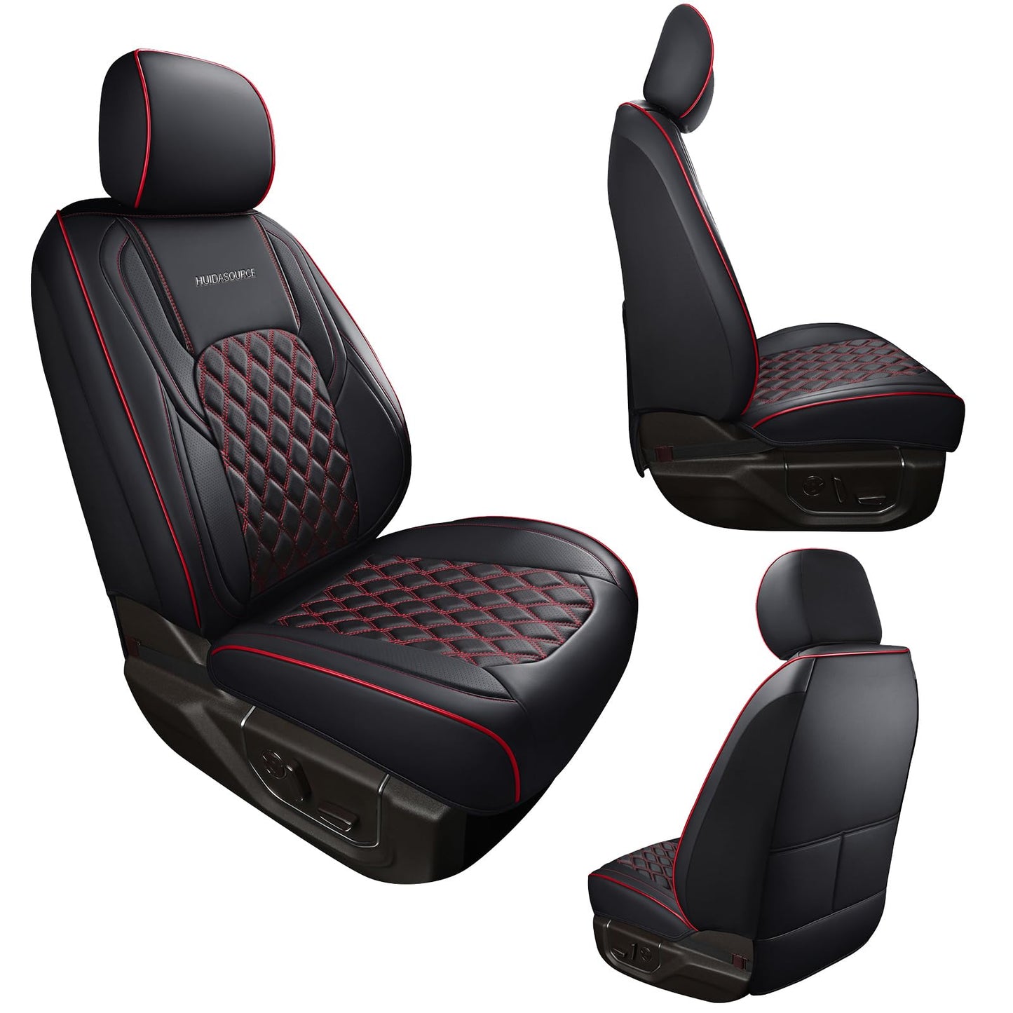 Huidasource Leather Seat Covers Custom Fit for Truck Chevy Silverado GMC Sierra 1500 2007-2013&2019-2025, 2500HD 3500HD 2020-2025 Crew Double Extended Cab Seat Cushion Protector (Full Set/Black&Red)
