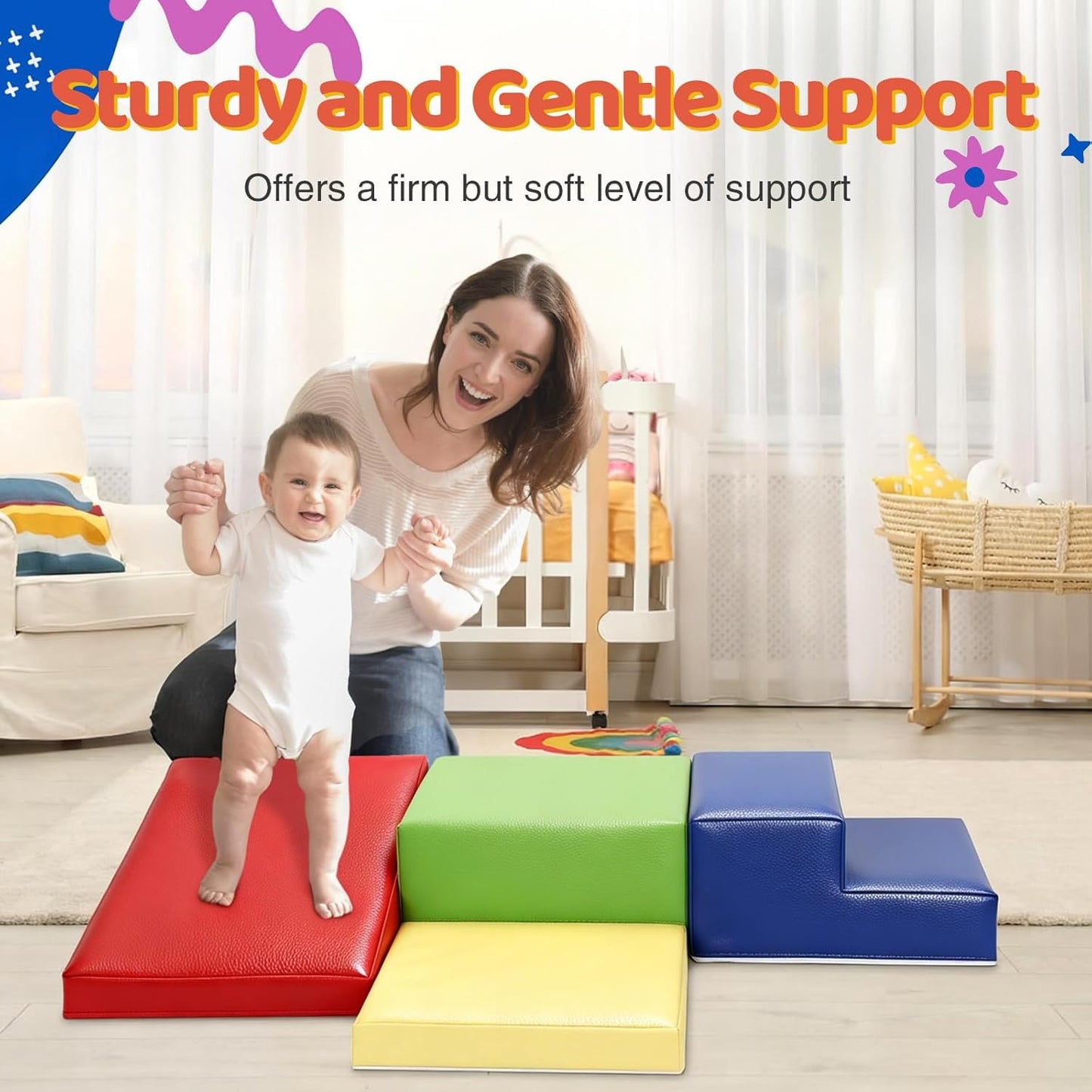 4-Piece PU Leather Baby Foam Climbing Blocks for Toddlers - Soft Play Climbing Toys for Toddlers - Foam Climbing Set for Crawling and Sliding Indoor (Red Yellow Blue)