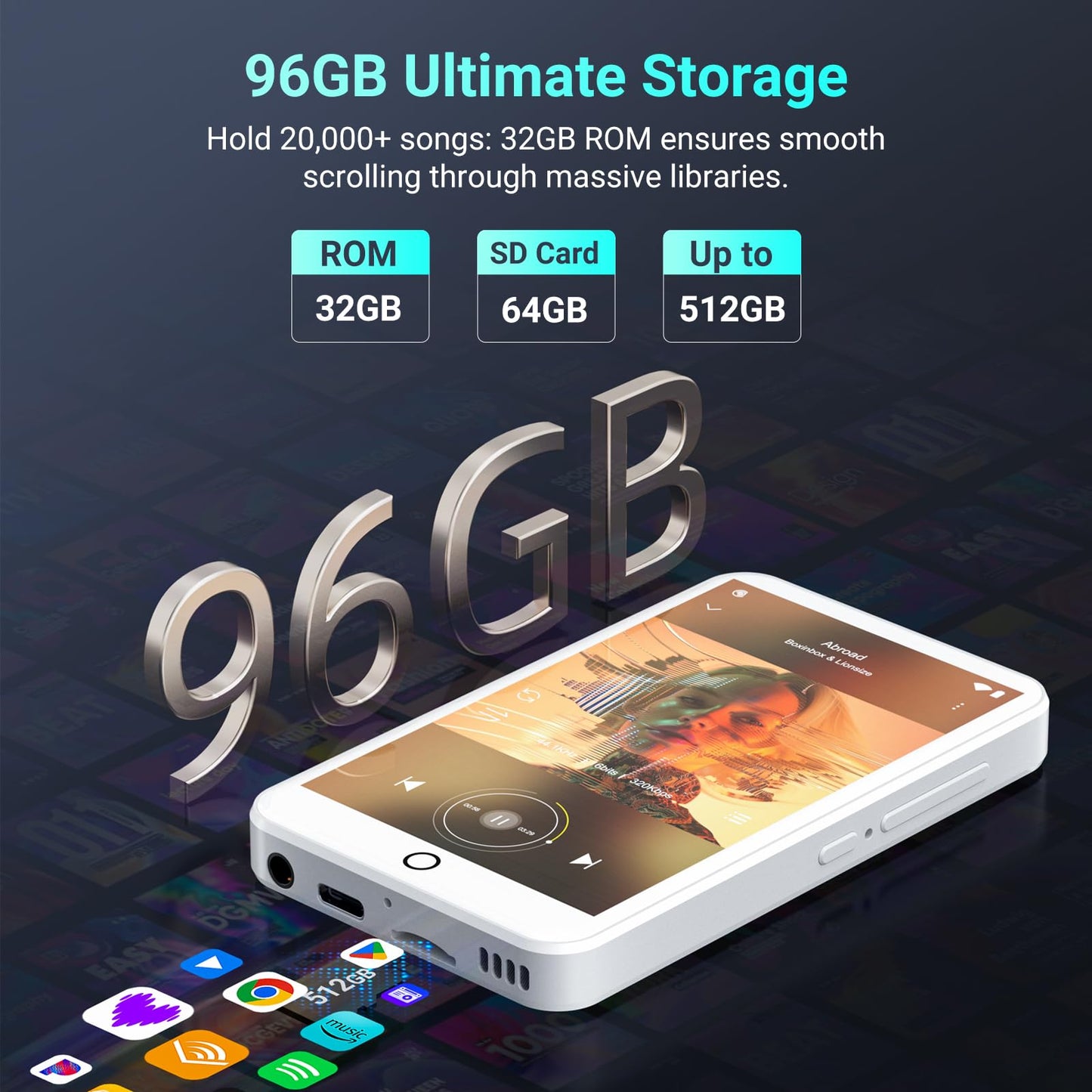 Fanvace 96GB MP3 Player with Bluetooth and WiFi, Android 13 MP3 MP4 Players with 4" Touchscreen and Speaker, 3GB RAM & 32GB ROM, Spotify Music Player with Audible, FM Radio, Amazon Music, Play Store