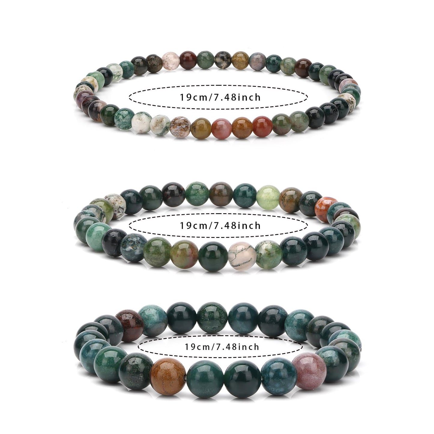 Risyfjew 4MM Handmade Indian Agate Natural Gemstone Stretch Elastic Bracelet,PE Film Anti-oxidation Packaging Natural Stone Crystal Healing Power Energy Gifts for Adult