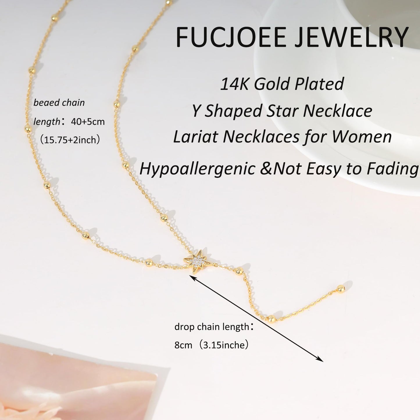 FUCJOEE Long Necklaces for Women Trendy - Dainty Lariat Necklace 14K Gold Plated CZ Star Y Shaped Beaded Drop Necklace Cute Long Gold Necklaces for Women Formal Prom Jewelry Gifts