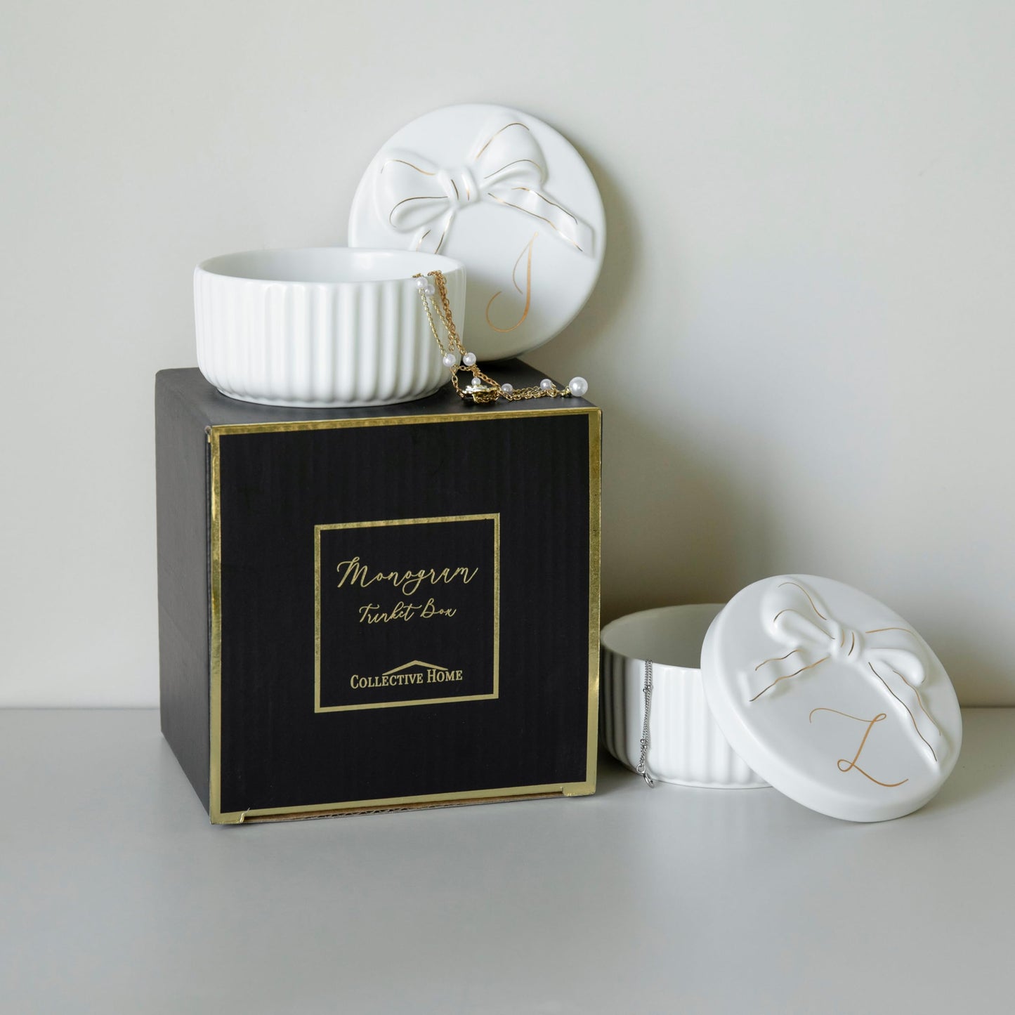 COLLECTIVE HOME Monogram Initial Jewelry Box with Bow - Elegant Ring Holder & Earring Dish | Christmas Gift Idea for Women, Unique Birthday Present for Her (K)