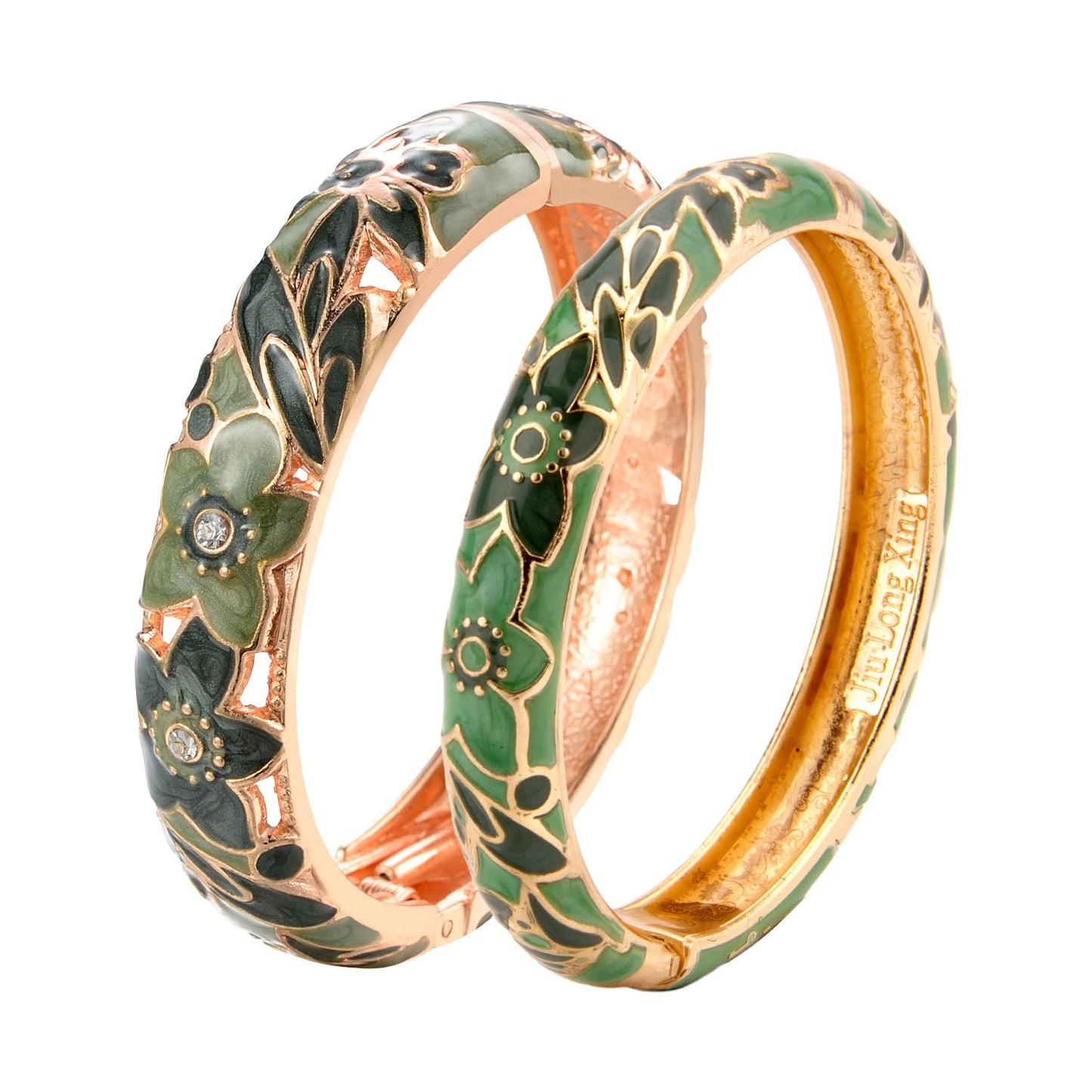 wynameleri Vintage Cloisonne Jewelry Gorgeous Rhinestone Handcrafted Bracelets Enamel Flower Bird Gold Hinged Cuff Bangles Gifts 88A11-55A101 green