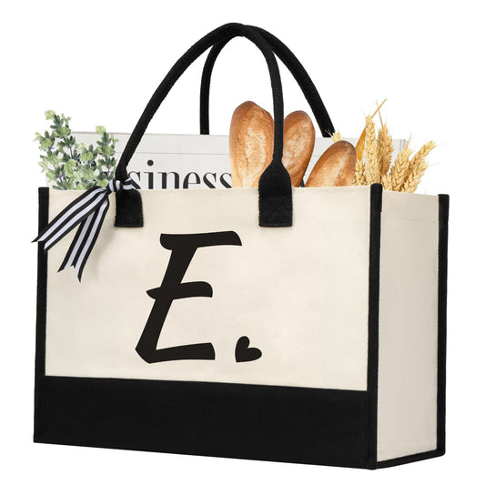 Initial Canvas Tote Bag, Personalized Beach Jute Bag Present for Women Holiday,Friends Birthday Gift,Wedding, New Year