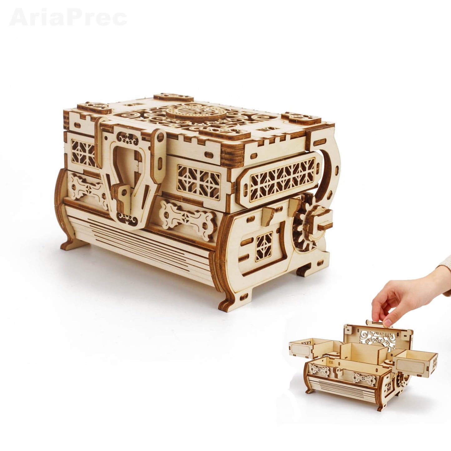 3D Wooden Mechanical Jewellery Box Puzzle - Antique Treasure Box with Exquisite Floral Carvings & Unique Mechanisms - DIY Decorative Gift for Puzzle Lovers