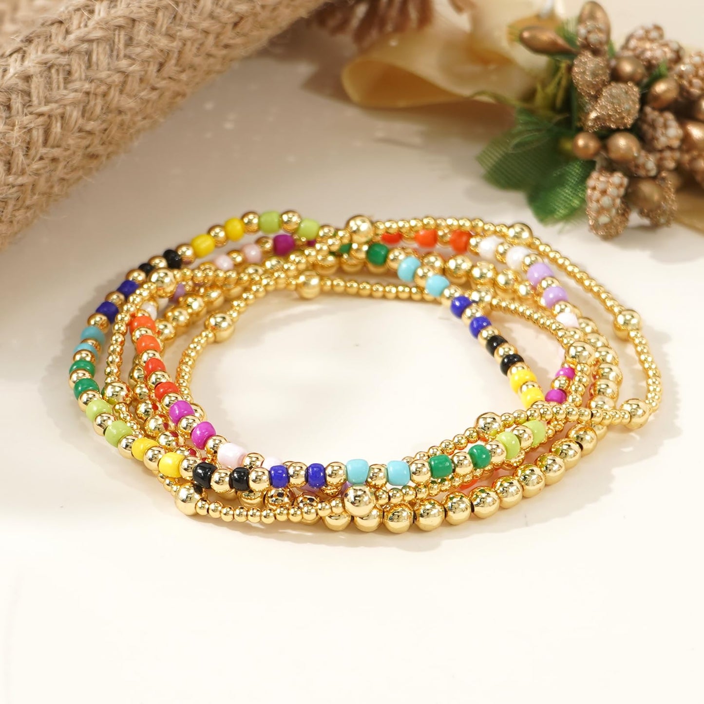 Bohxantium Gold Beaded Bracelets Set for Women Stackable 14K Gold Plated Beads Ball Colorful Seed Bracelets for Women Stack Non Tarnish Stretch Trendy Jewelry Prom Friendship Birthday Christmas Gifts