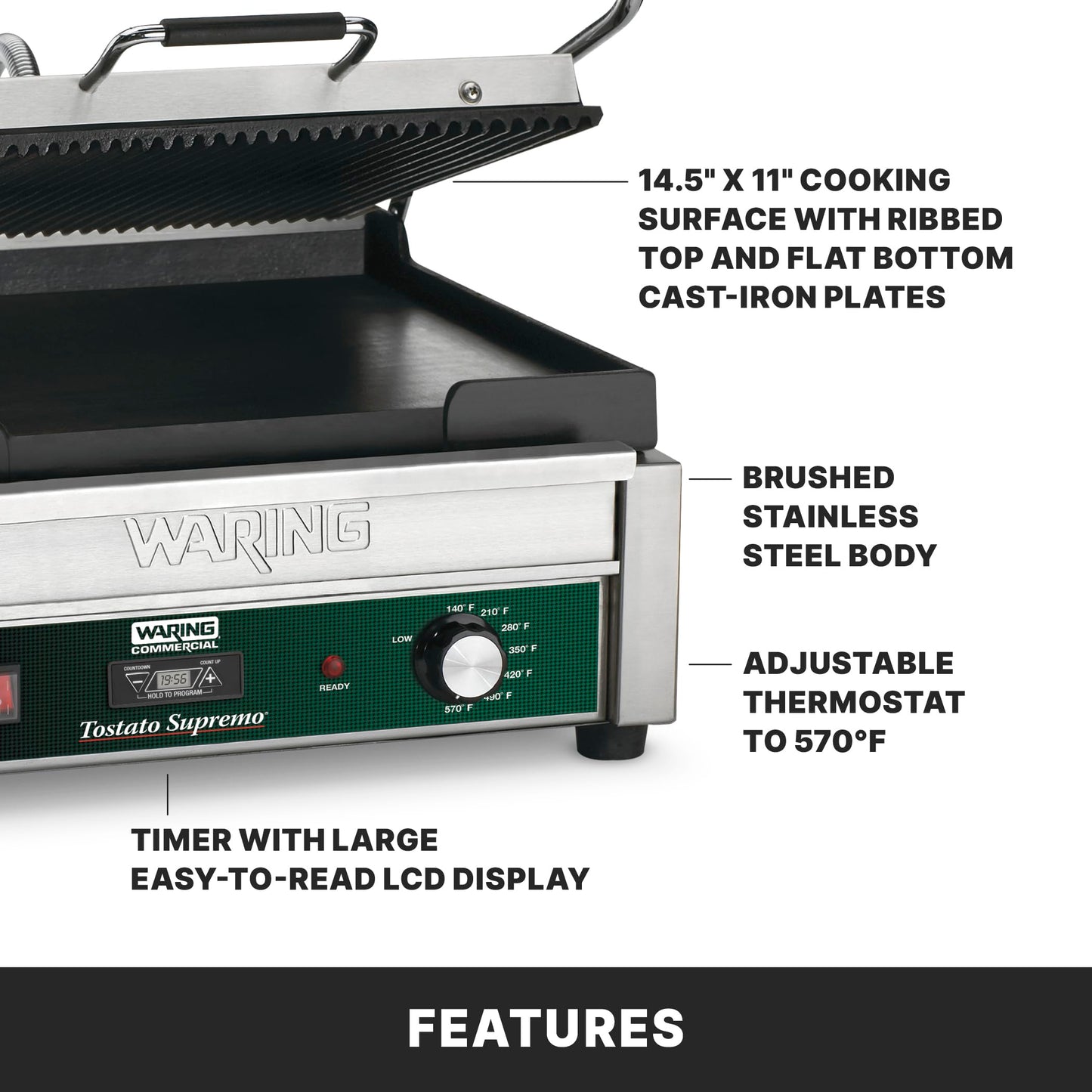 Waring Commercial WDG250T Tostato Supremo Ribbed Top Plate and Flat Bottom Plate Large Surface Panini Grill, With 20 Minute Timer, 120 V, 1800W, 5-15 Phase Plug