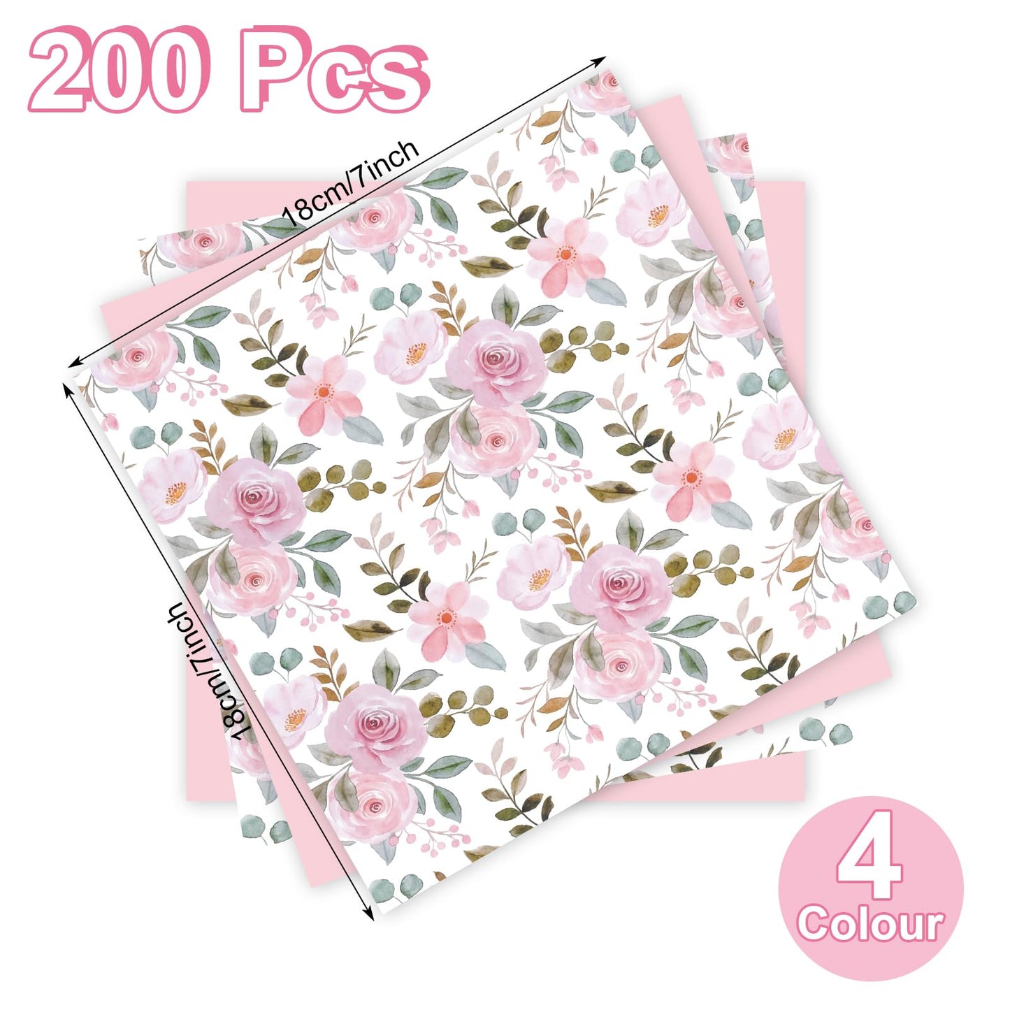 Honeydak 200 Pcs Pink Watercolor Roses Wax Paper Sheets 7 Inch Deli Paper Sheets Floral Food Basket Liners for Sandwich Burger Greaseproof Food Wrapping, Bridal Shower, Wedding, Mother's Day Gift Wrap