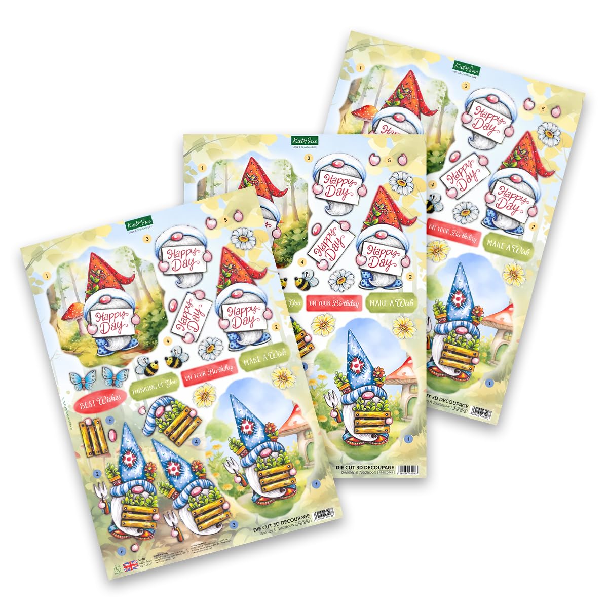 Katy Sue Garden Gnomes Die-Cut Decoupage Pack. 12 Sheets of Gnome, Gonk & Garden-Themed Die Cuts for Card Making Supplies with Sentiments & Card Toppers on 150 GSM Paper. UK-Made.