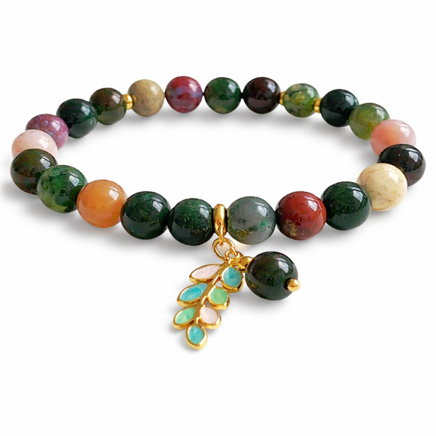 TEJO Natural Stone Beaded Bracelet – Handmade Energy Healing Bracelet for Men & Women, Yoga Chakra Jewelry Gift (Indian Agate Natural Stone Bracelet – for Women, 6.5 inches)