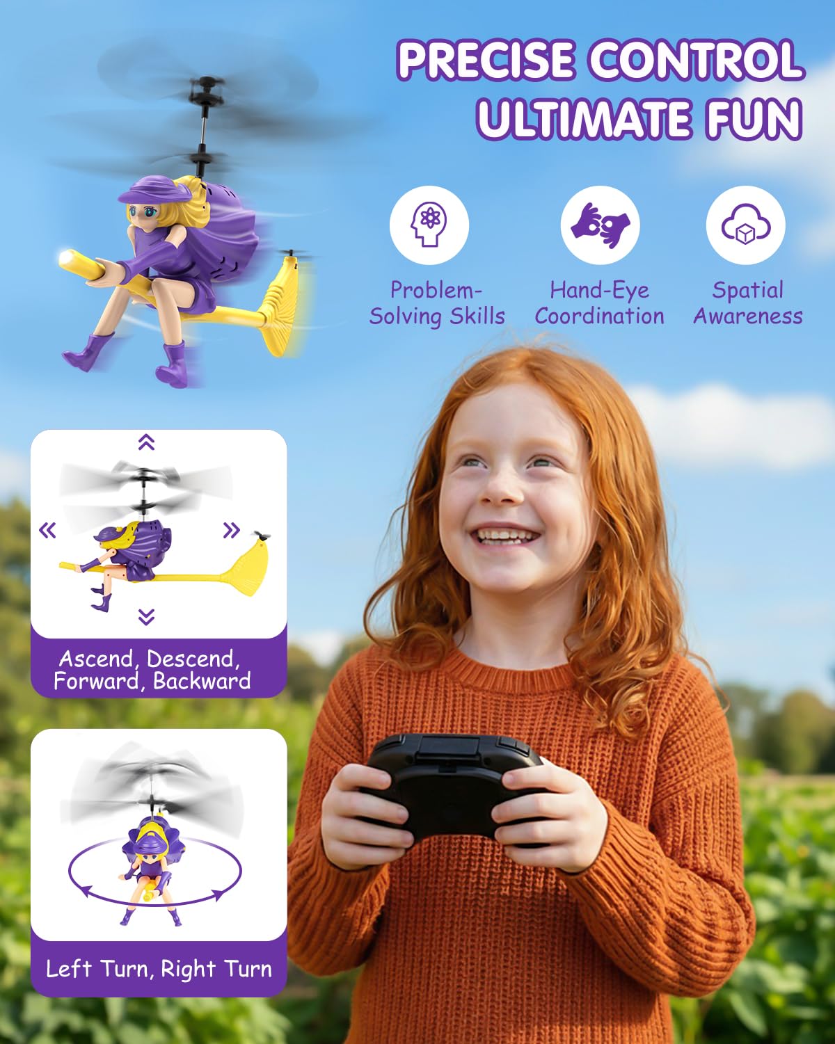 NEVZAN RC Helicopter Toy for Girls, Flying Witch Remote Control Helicopter with LED Lights, Indoor Outdoor Flying Toy for Kids, Cute Cartoon Gifts for Girls Age 6+
