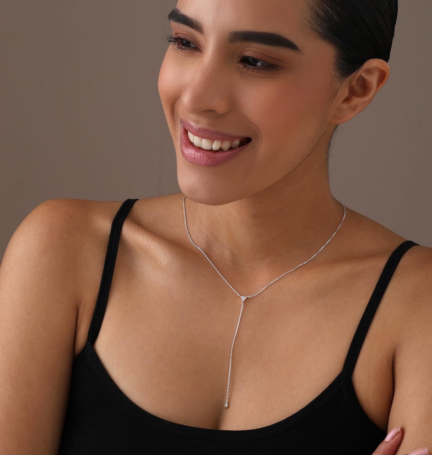 LeCalla 925 Sterling Silver Jewelry Handmade Cubic Zirconia Lariat Necklace Adjustable Dainty Drop CZ Pendant Y Necklace for Women with Lobster Claw Clasp 18 Inches
