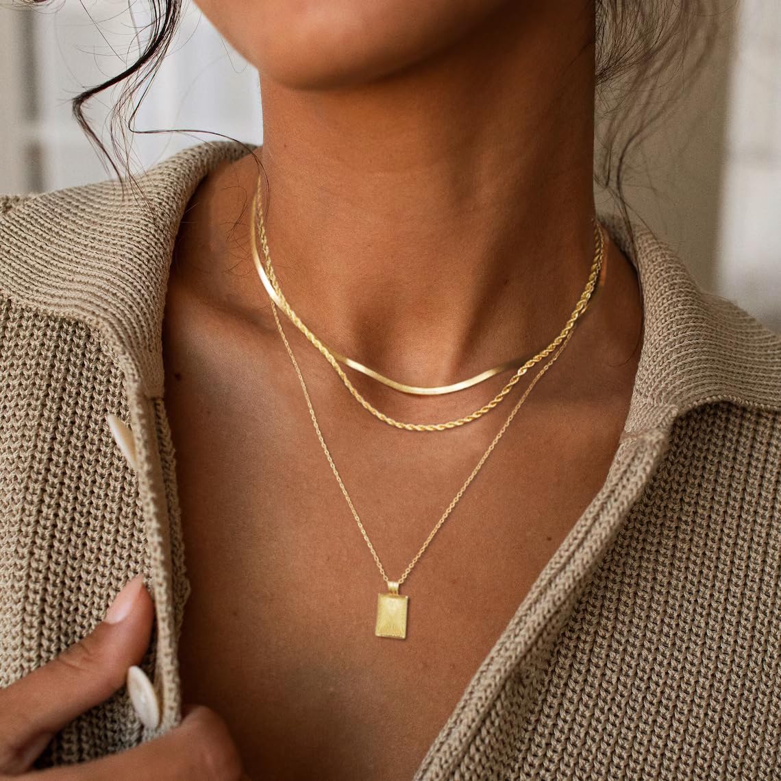 MFRYK Gold Necklaces Stack For Women,14K Gold Plated Simple Layered Choker Necklaces,Stackable Multilayer Gold Small Square Pendant Box Paperclip Chain Layered Necklaces Set Jewelry Gift for Women
