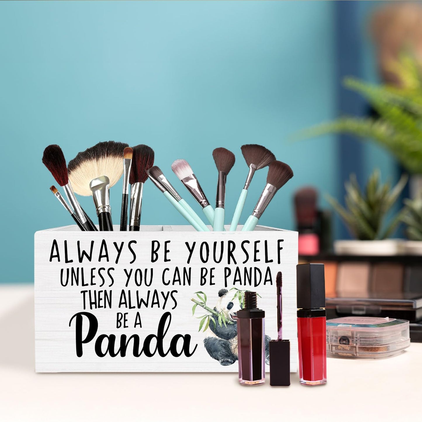 HYKDFMNCJ Panda Pen Holder for Desk, Inspirational Panda Wooden Box Sign Desk Decor for Home Office Decoration, Always Be Yourself Motivational Pencil Organizer, Pandas Lover Gifts