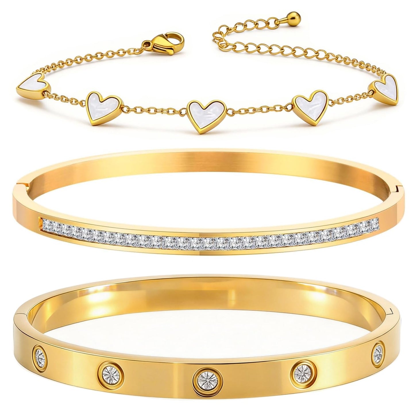 Fashion Nail Love Bangle Bracelet Heart Charm Hand Chain, 18K Gold Plated Stackable Jewelry Sets for Women Tarnish Free Trendy Dainty Bracelet Gift for Valentines Birthday Mother's Day Christmas