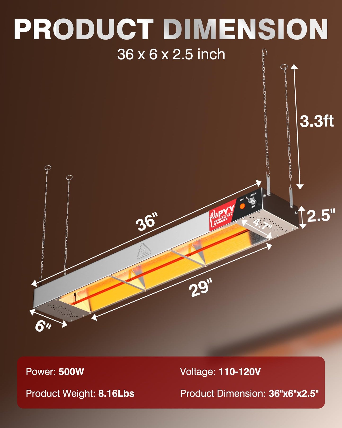 PYY 36 Inch Food Heat Lamp Strip - Commercial Food Heating Warmer, 500W Hanging Stainless Steel Electric Strip Heater, Food Service Restaurant