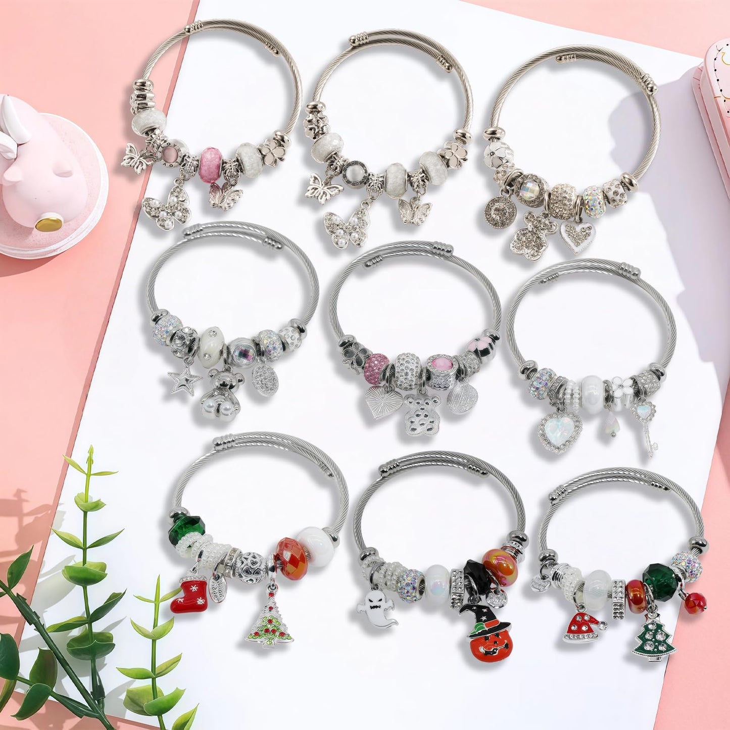 IUULOB Silver Women Bracelets - Adjustable Charm Bracelets for Women Birthday Gifts Favors Titanium Steel Bracelet Bundle Jewelry Kit (C: Butterfly)