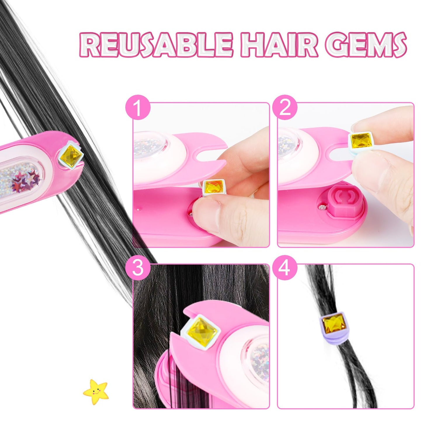 kidzkube Hair Gem Stamper Kit, Bling Hair Jewels for Girls Toys, Hair Styling Tool with Reusable Shining Diamonds, Birthday Gifts Toys for Girls Ages 3 4 5 6 8-12 (Pink)
