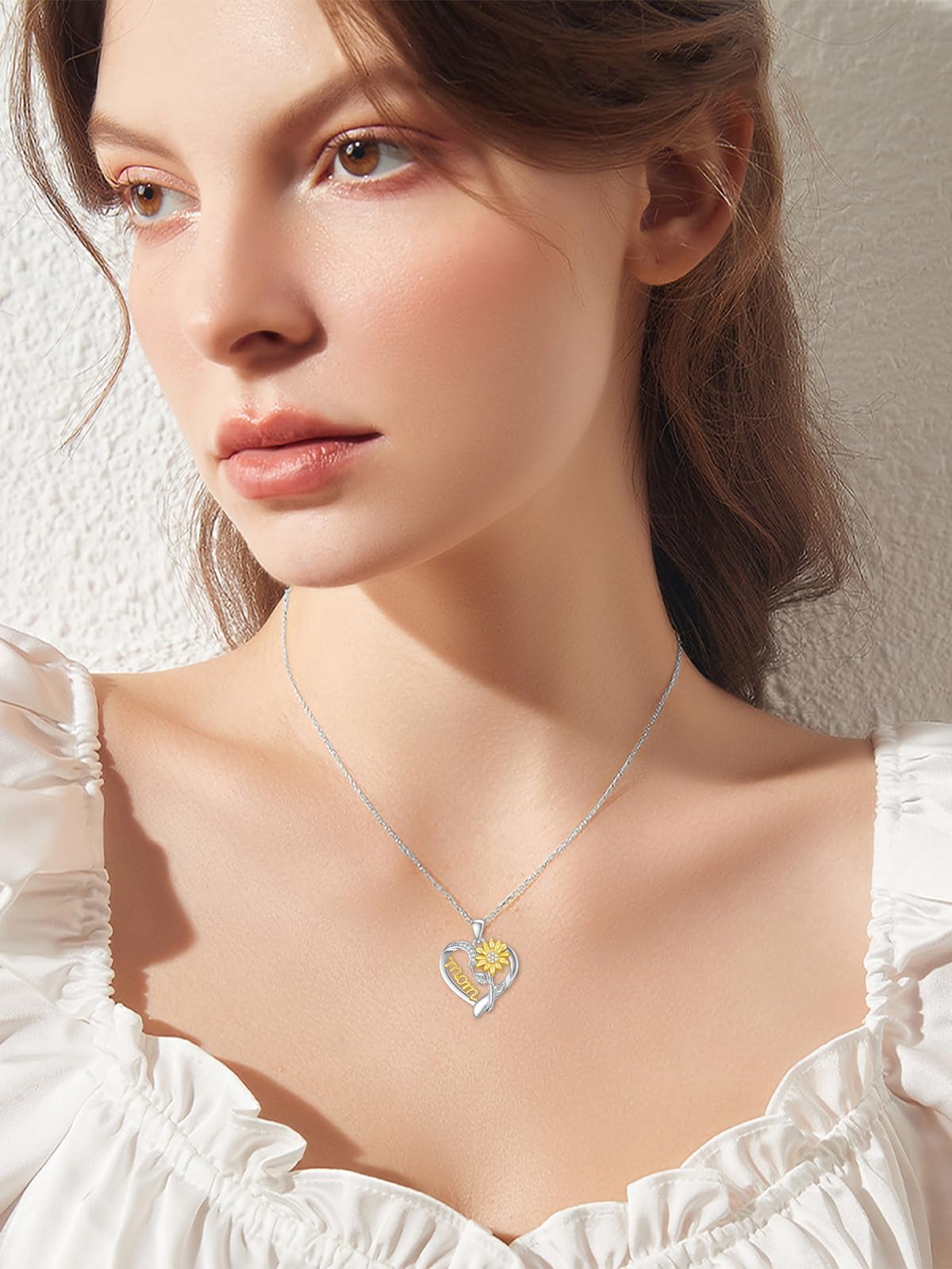 ZBA Real Diamond Sunflower Necklace for Mom, 925 Sterling Silver Sunflower Necklace for Mom Sunshine Gifts Fine Jewelry Anniversary Valentines Birthday Mothers Day Gifts for Mother Grandmother from Daughter Son