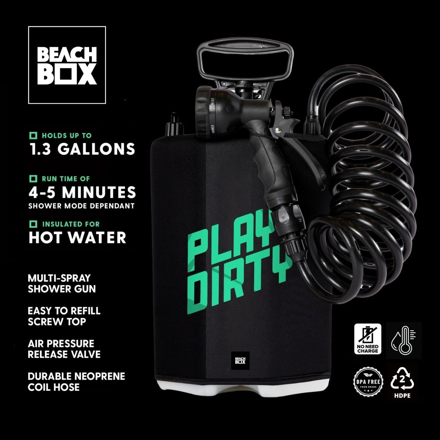 BeachBox 5 L Portable Shower for Camping with 5-Mode Spray Gun | Hand Pump (40–50 PSI), Neoprene-Insulated 7 ft Hose, Screw-Top Lid & Valve | Outdoor Portable Camp Shower (Play Dirty/Black)