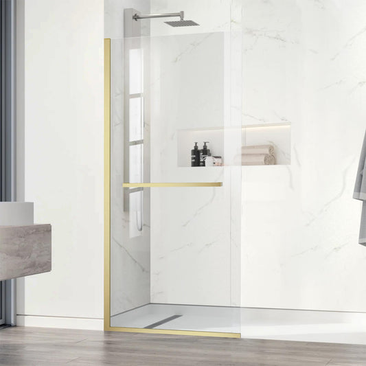 AquivaCoast 34" X 72" Semi-Framed Fixed Shower Screen with Handle, 5/16"(8mm) Thick Clear Tempered Glass Shower Panel, Shower Screen for Walk in Shower with Frame Hardware Kit, Brushed Gold