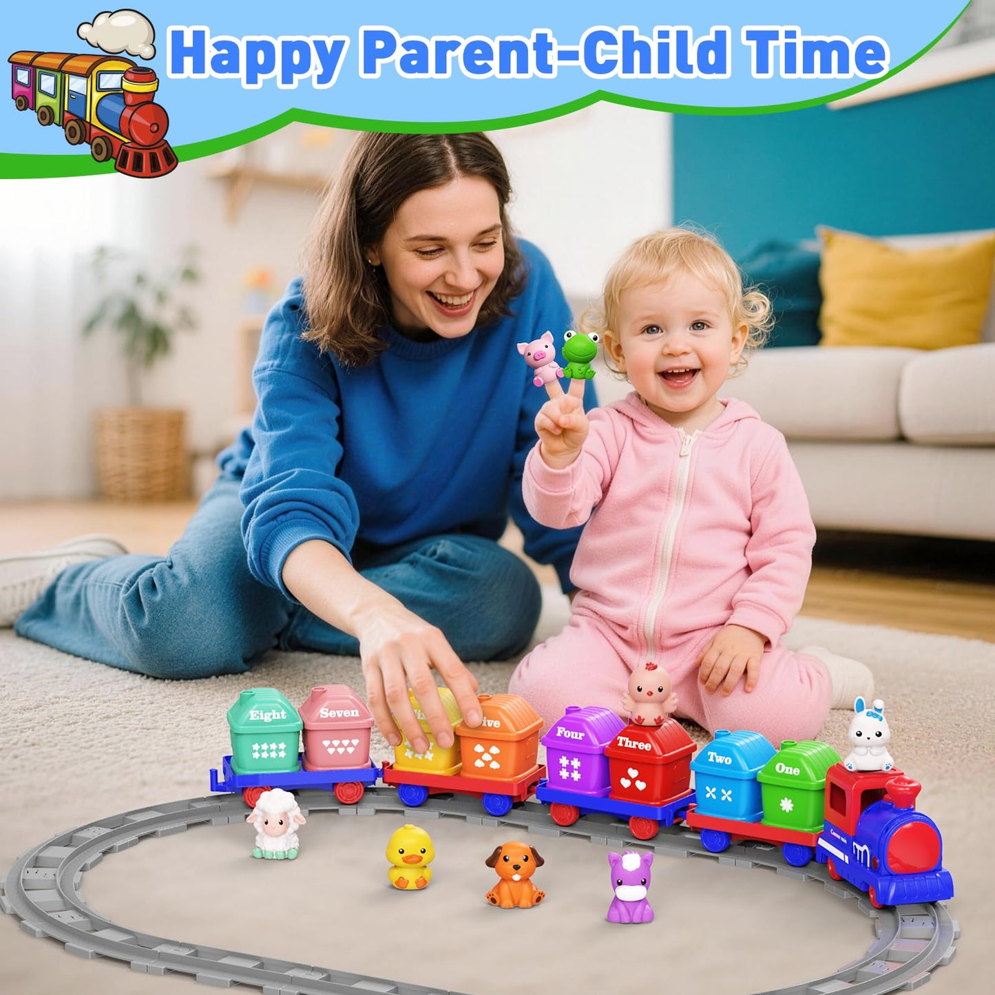 Cmiolacuna Train Set for Toddlers 2-4, Electric Toy Train with Farm Animals & Music & Lights, Montessori Counting & Sorting Learning Toys for 1 2 3 Year Old Boys Girls, Christmas Easter Birthday Gift