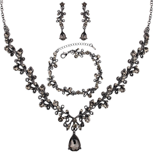 3Pcs Austrian Crystal Jewelry Set for Women, Necklace Dangle Earrings Link Bracelet Jewelry Set with Gold/Platinum/Gun Plated, Wedding Party Jewelry for Bridal Bridesmaid (Black Diamond-Jet)