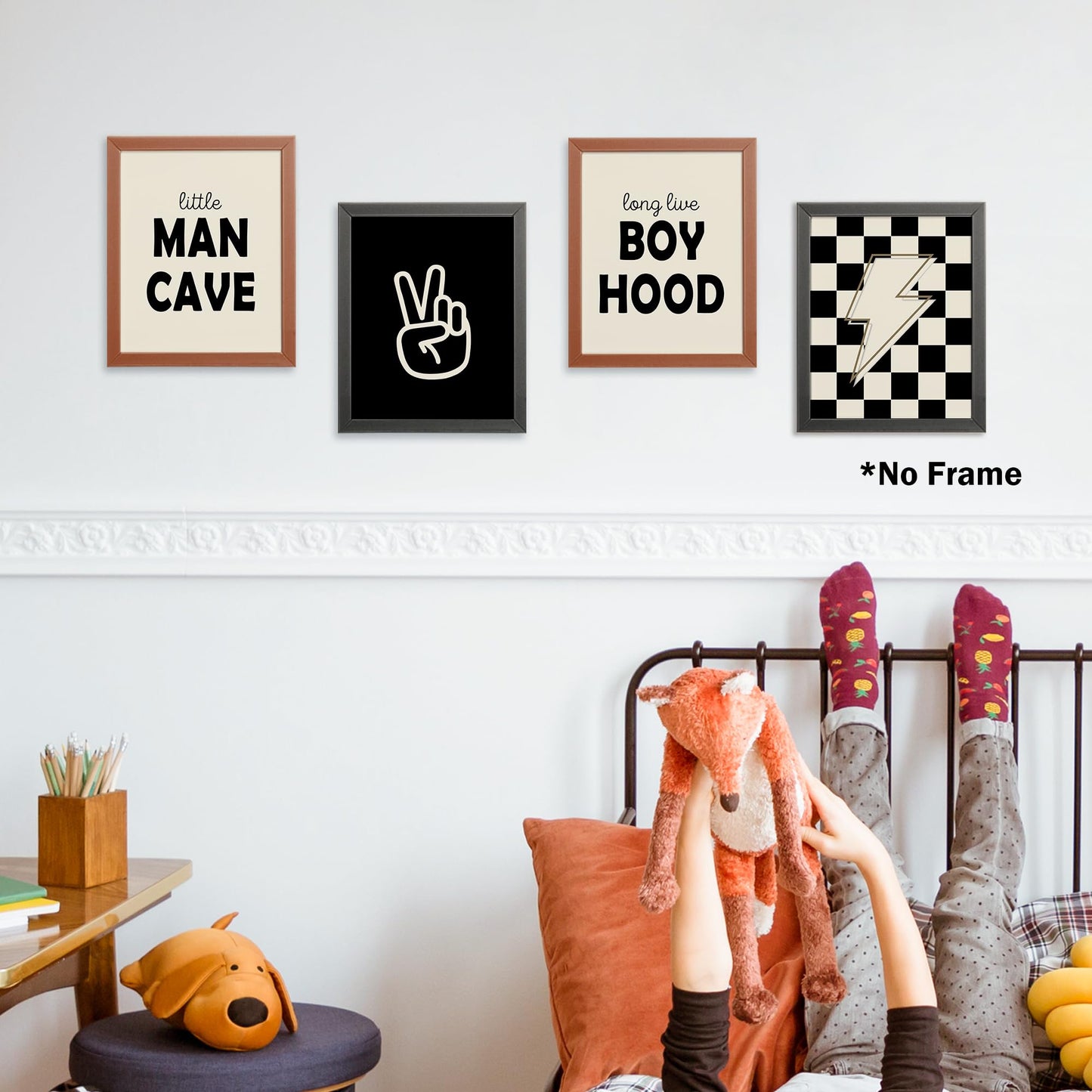 Little Man Cave Retro Preppy Checkered Lightning Peace Sign Long Live Boyhood Poster Prints for Boy Teen Room Dorm Decor, Preppy Yellowish-Black Decorations Prints Wall Art Unframed 4pcs 8x10inches