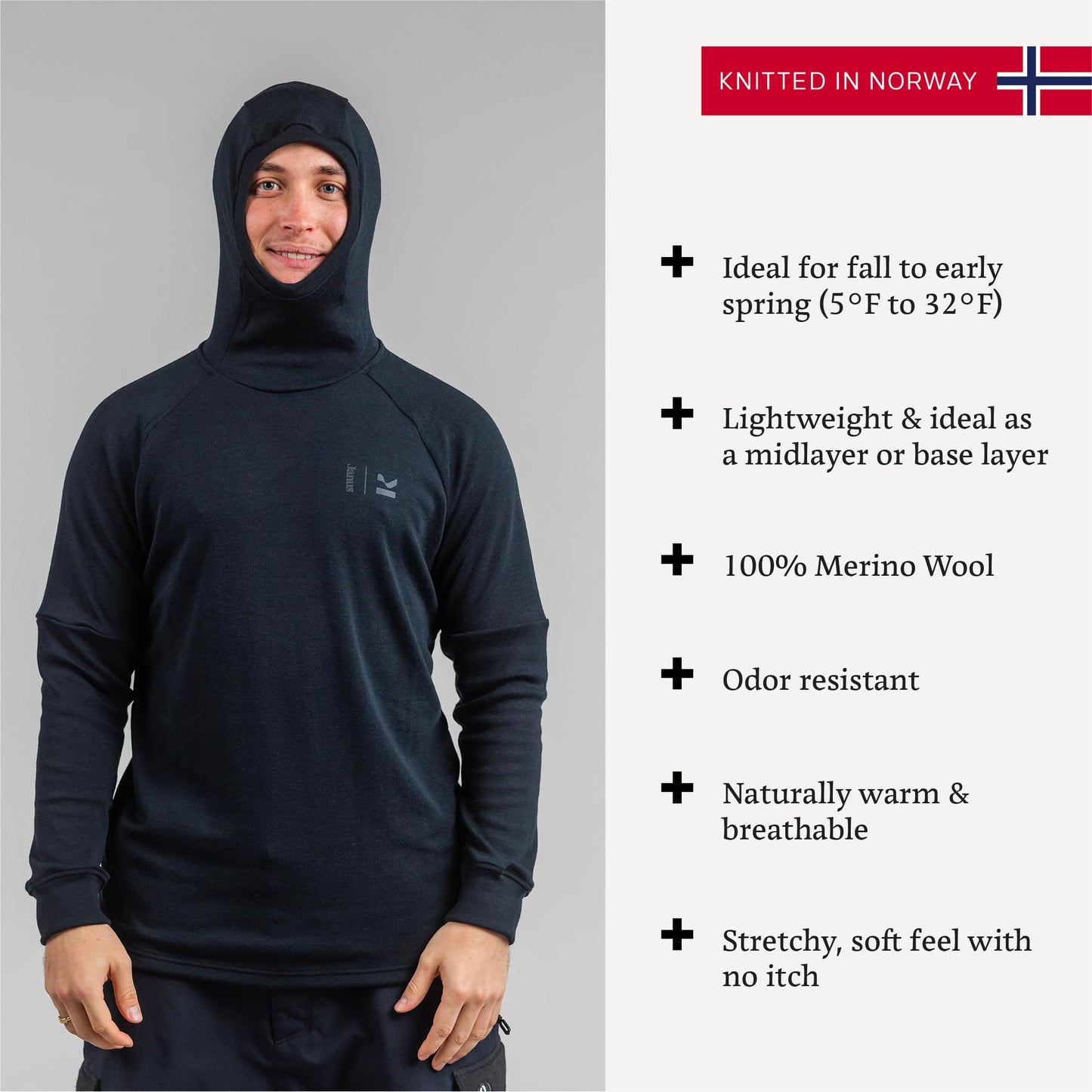 Janus Wool Kleveland Merino Base Layer - 100% Wool Fleece Hooded Sweatshirt - Men, Women, Teens - Winter Snowboarding Pullover - Brushed Interior - Under Helmet Warmth & Protection - Large Black