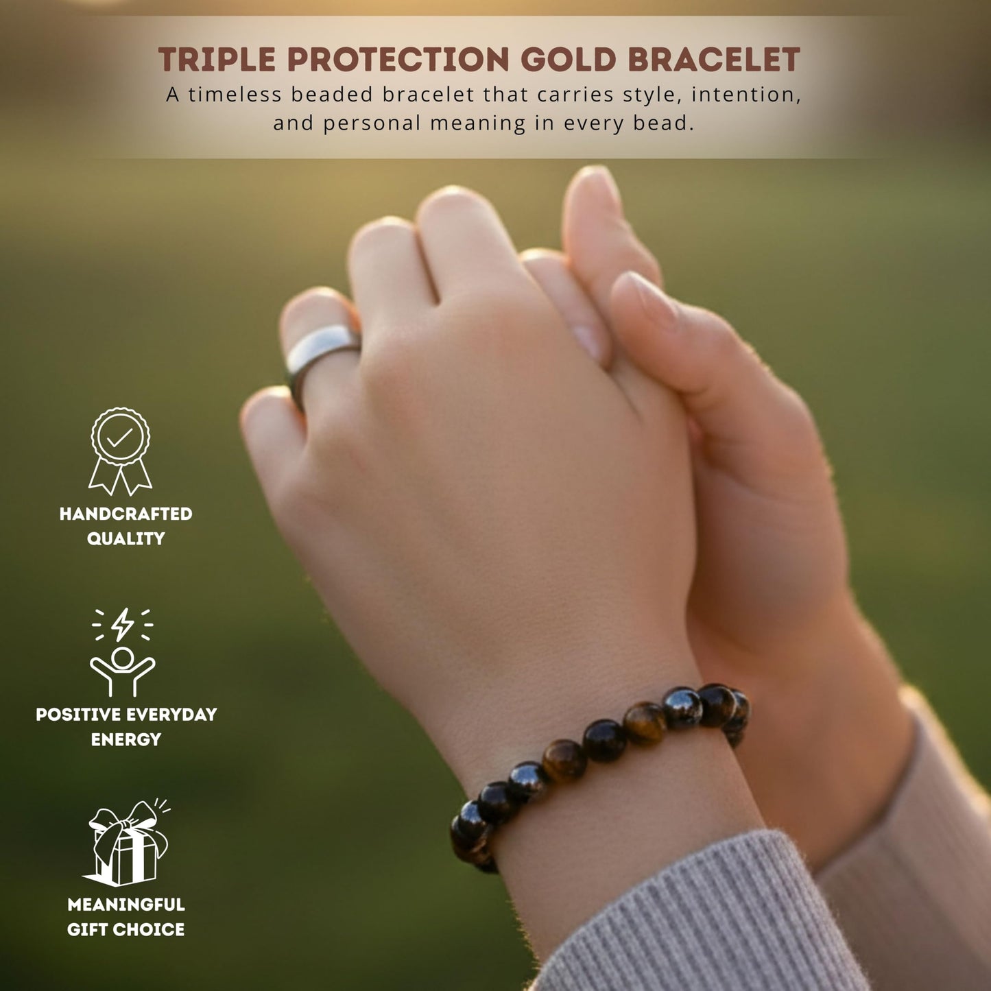 Cherry Tree Collection Triple Protection Beaded Bracelet – Genuine 8mm Gemstone Stretch Bracelet for Men & Women – Handmade Crystal Bracelet - (Triple Protection - S)