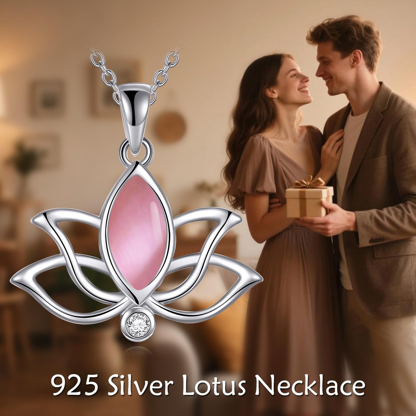 YFN Lotus Flower Necklace Sterling Silver Pink Opal Lotus Pendant Lotus Jewelry Gifts for Women