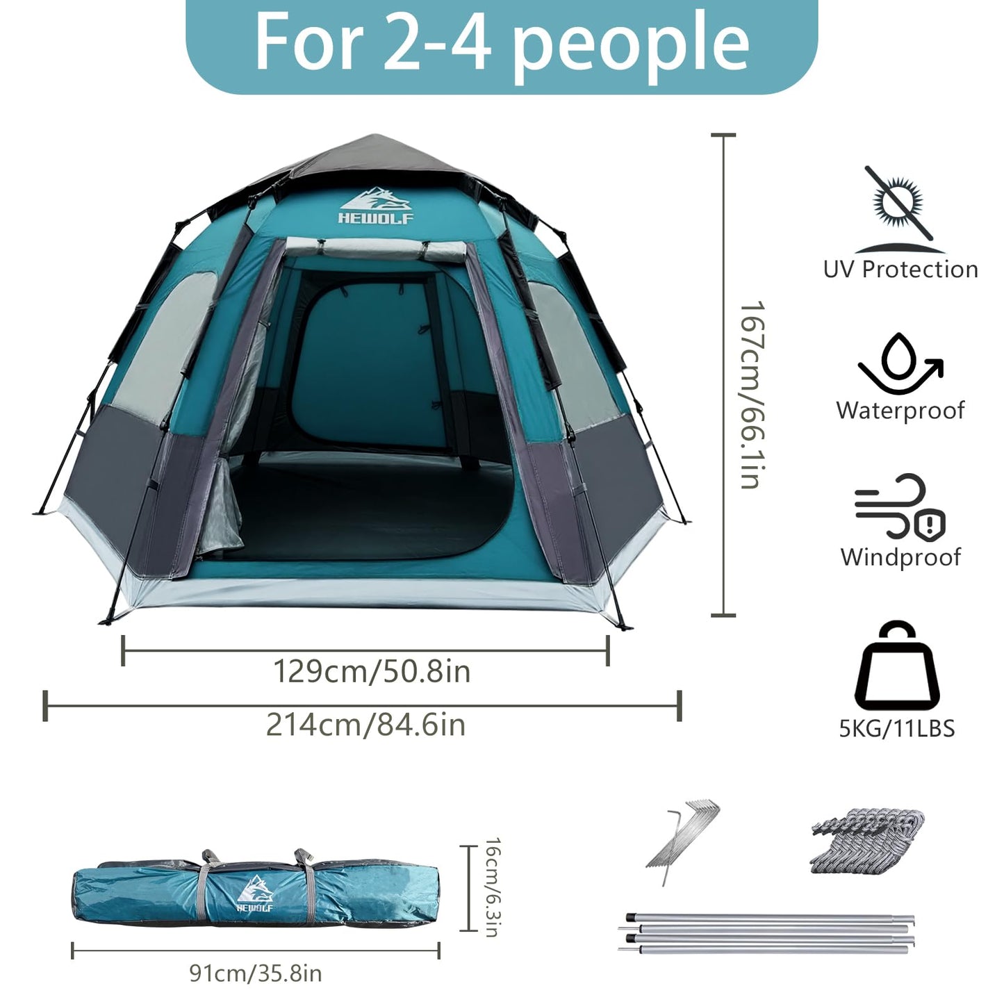 Hewolf 2/3/4 Person Camping Tent - Instant Pop Up Waterproof 2 Doors Tent with Easy Setup | 3-Season Hexagonal Dome Design for Family, Hiking & Traveling (Blue)