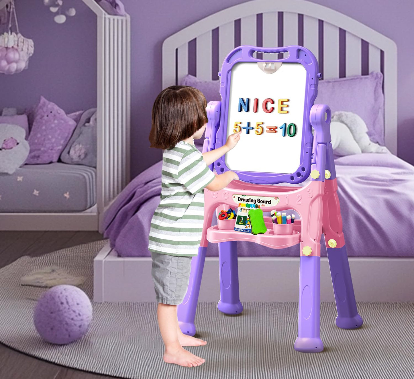 Juivin Art Easel for Kids Double Sided Magnetic Drawing Board with Letters & Numbers, Adjustable Standing Easel for Toddlers, Creative Play & Learning Toys for Girls - Purple