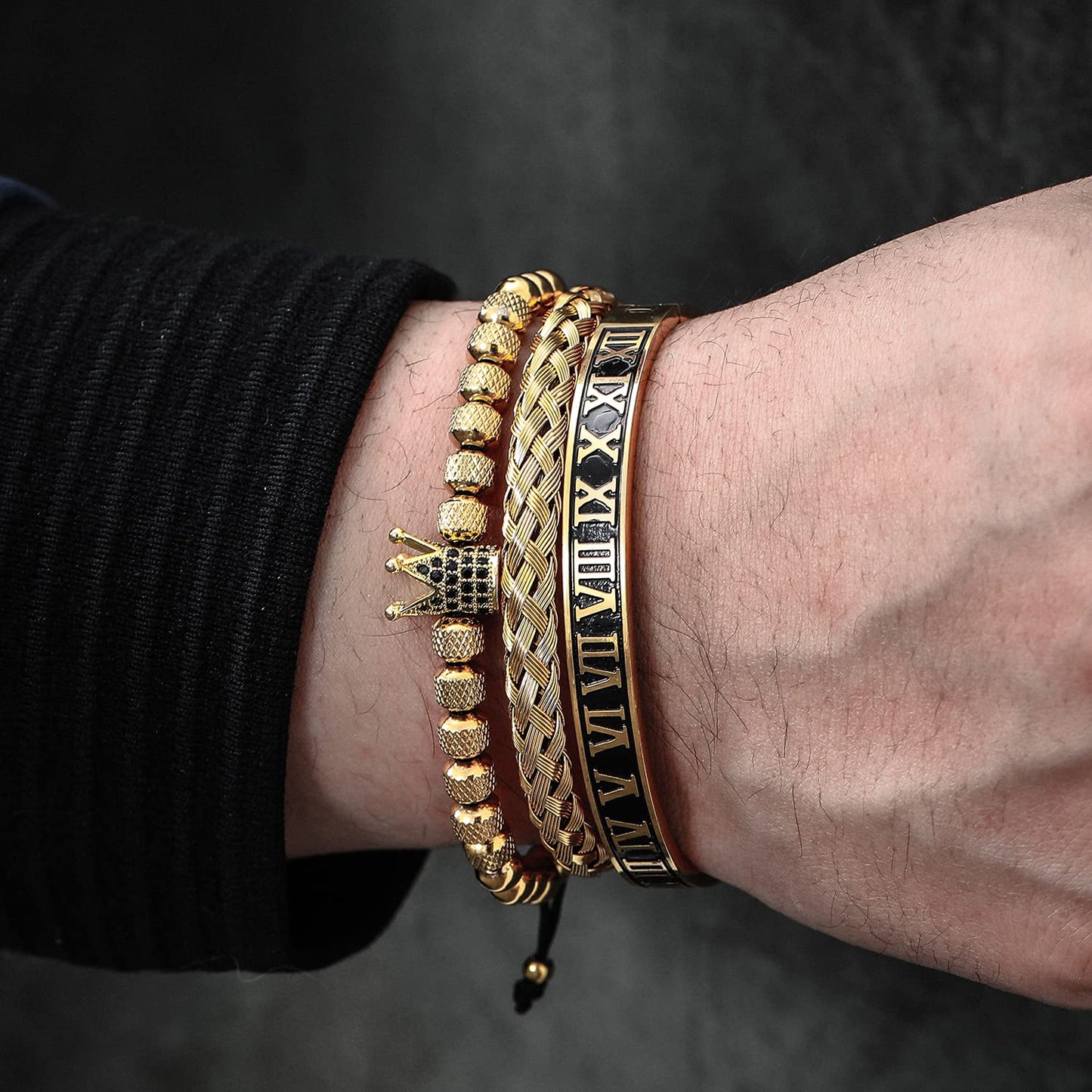 WFYOU 3PCS Stainless Steel Bracelets for Men Gold Roman Numeral Bangle Bracelet Twisted Cable Bracelet Adjustable Cuff Bracelet Mens Luxury Jewelry Bracelets Gifts(I:Gold)
