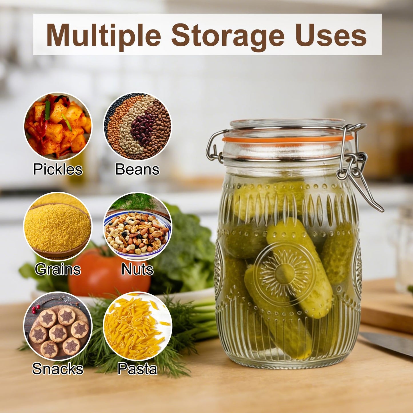 HAYHOI 32oz Mason Jars with Airtight Lids, 6 Pack Wide Mouth Canning Jars with Clamp Lid, Quart Glass Canisters for Kitchen Storage, Pickling, Coffee, Cereal, Sugar, Flour, Beans