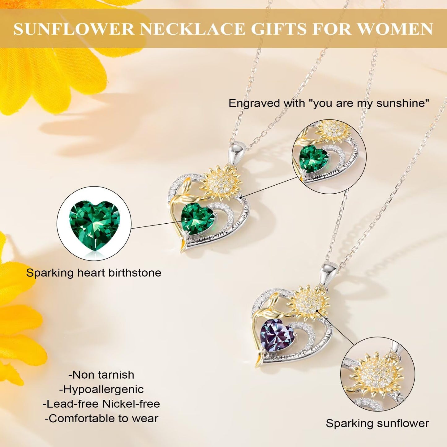 Iefil Sunflower Gifts for Women, Sunflower Necklace, Anniversary Birthday Gifts for Wife, August Simulated Peridot Jewelry, Birthstone Necklace for Women Wife Mom