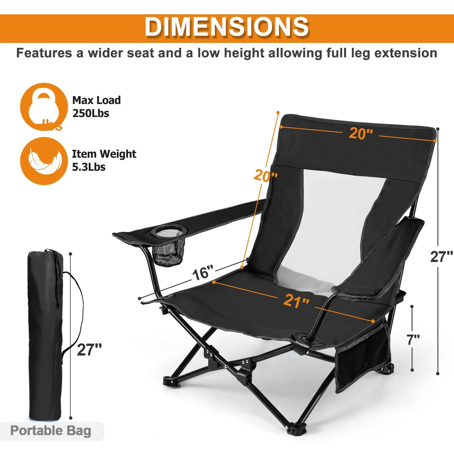 Joyfair Beach Camping Chair (2 Pack), Outdoor Folding Lawn Chair for Adults, Heavy Duty Portable Chair with Armrest for Outside Fishing, Sport, Patio, Cup Holder & Storage Pocket, Carry Bag (Black)